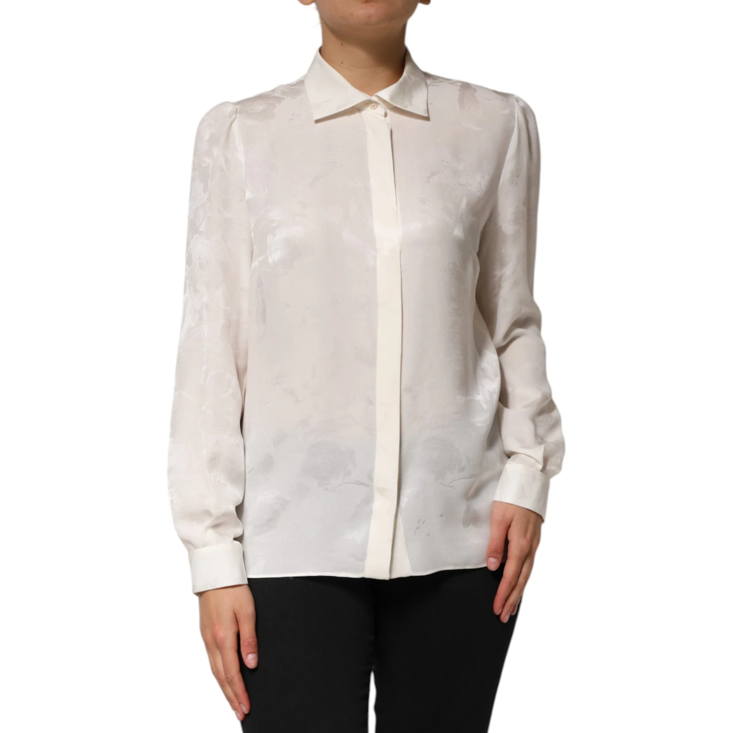 White Silk Long Sleeves Collared Shirt Top