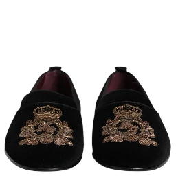 Black Velvet Gold Crown Mens Loafers Shoes