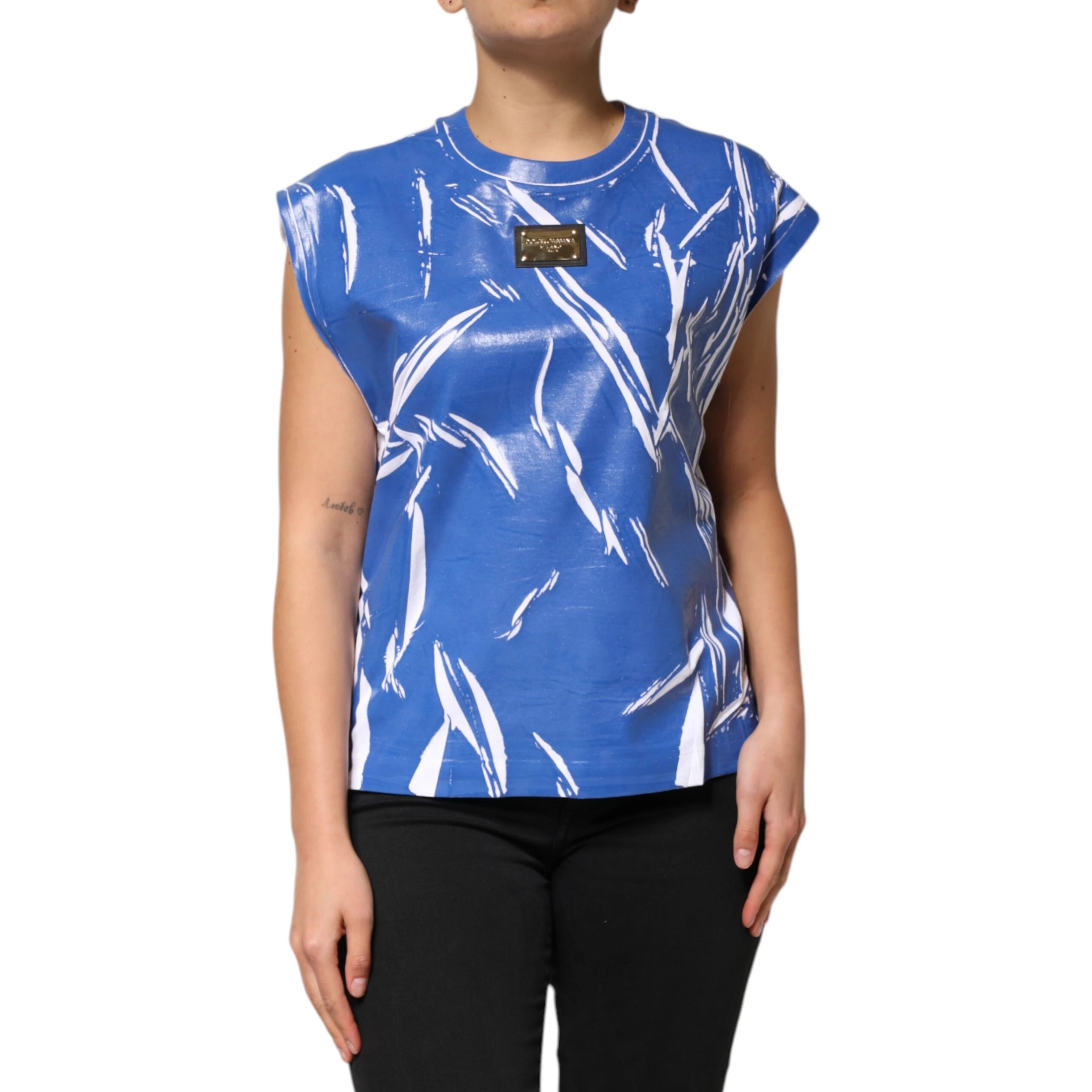 Blue White Cotton Logo Plaque Women Tank Top