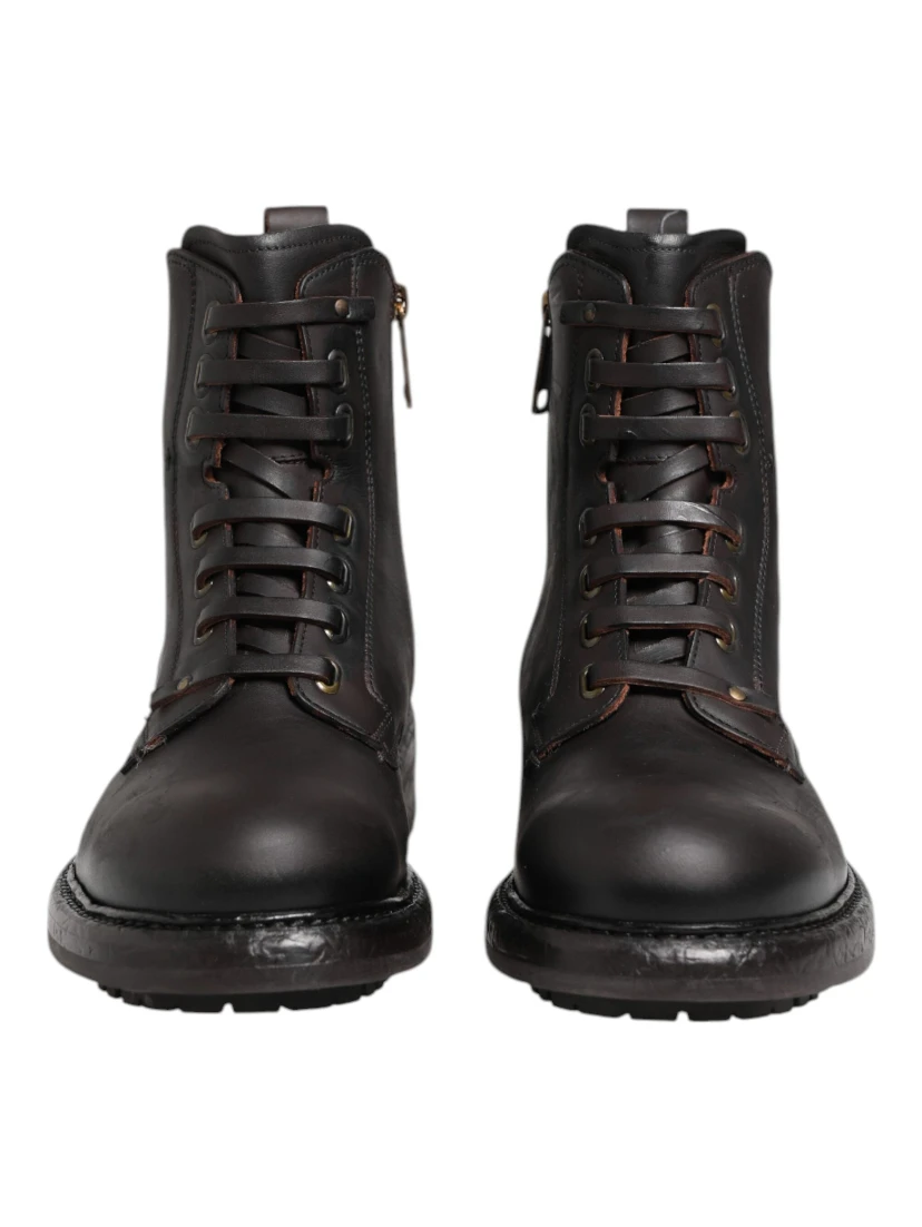 Dark Brown Leather Lace Up Mid Calf Boots Shoes
