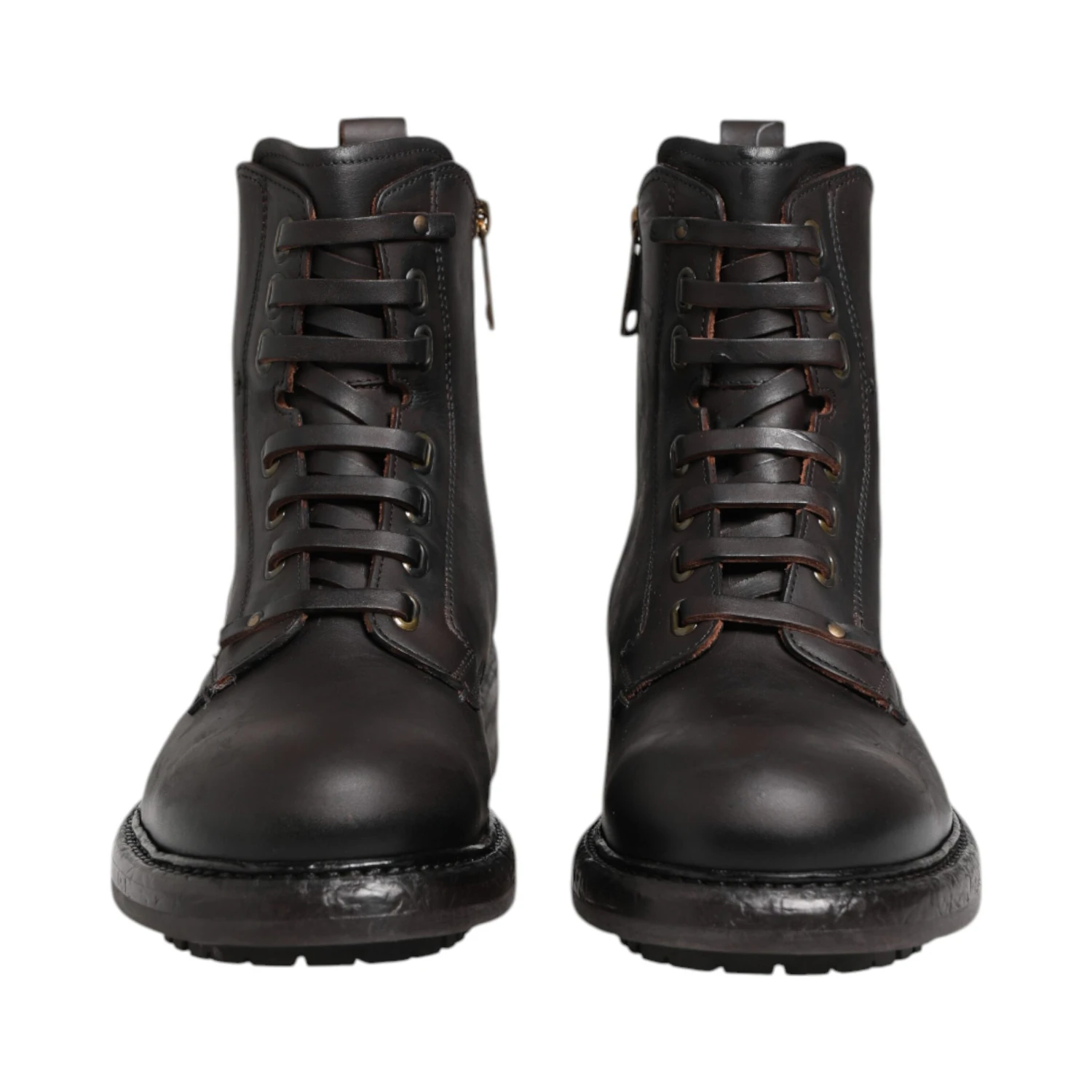 Dark Brown Leather Lace Up Mid Calf Boots Shoes