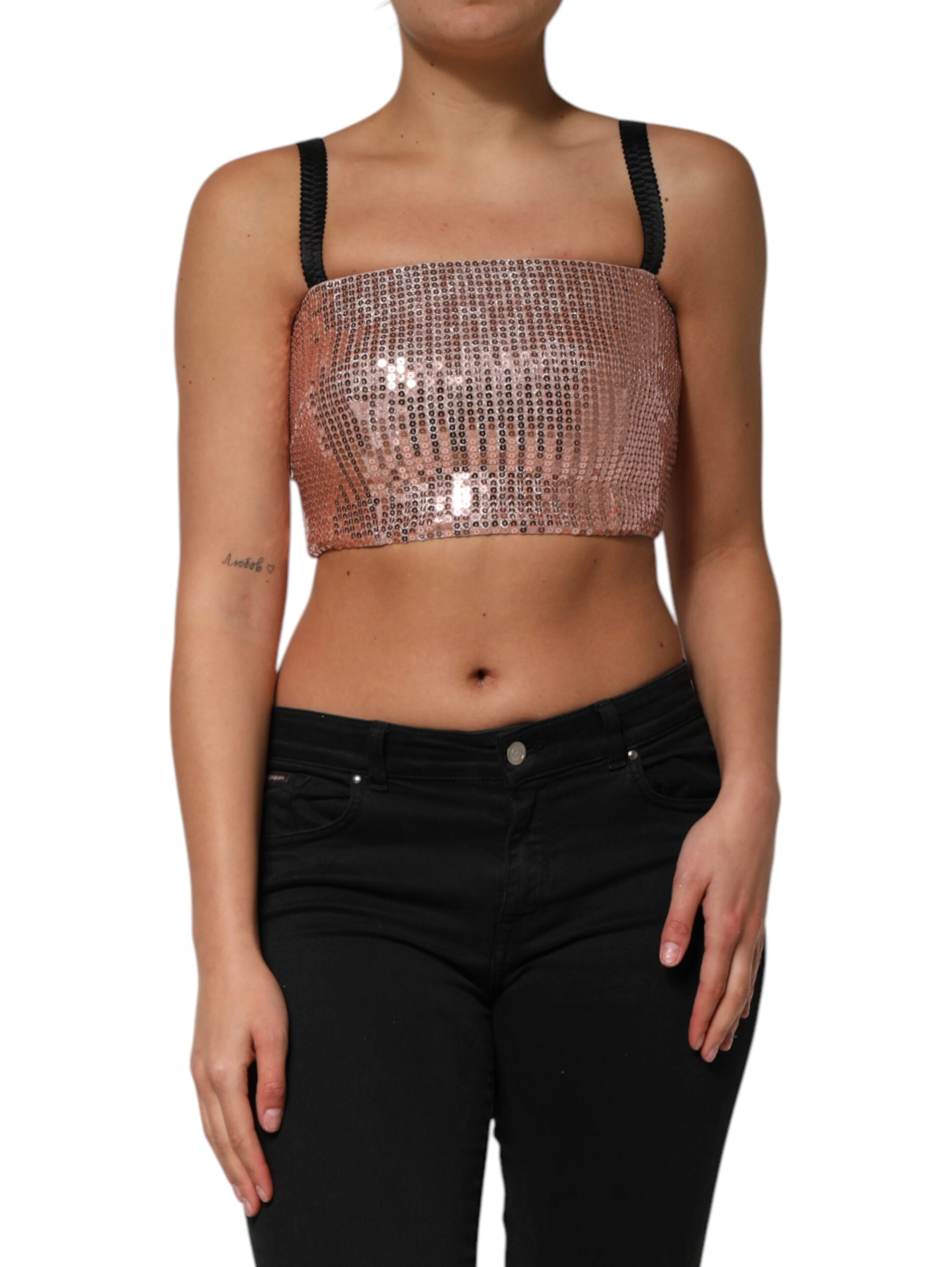 Pink Sequined Nylon Sleeveless Cropped Top