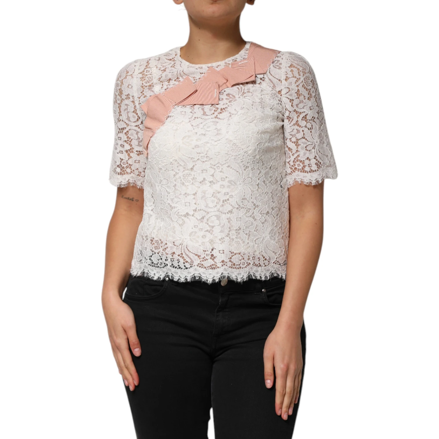 White Floral Lace Short Sleeves Blouse Top