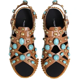 Brown Leather Studded Slides Sandals Shoes