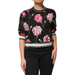 Black Floral Print Cotton Short Sleeves Top