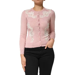 Pink Floral Lace Detailing Cardigan Sweater