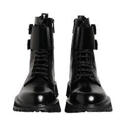 Black Leather Lace Up Mid Calf Boots Shoes