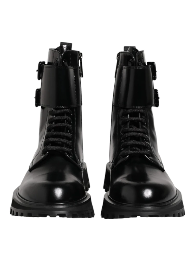 Black Leather Lace Up Mid Calf Boots Shoes alternative