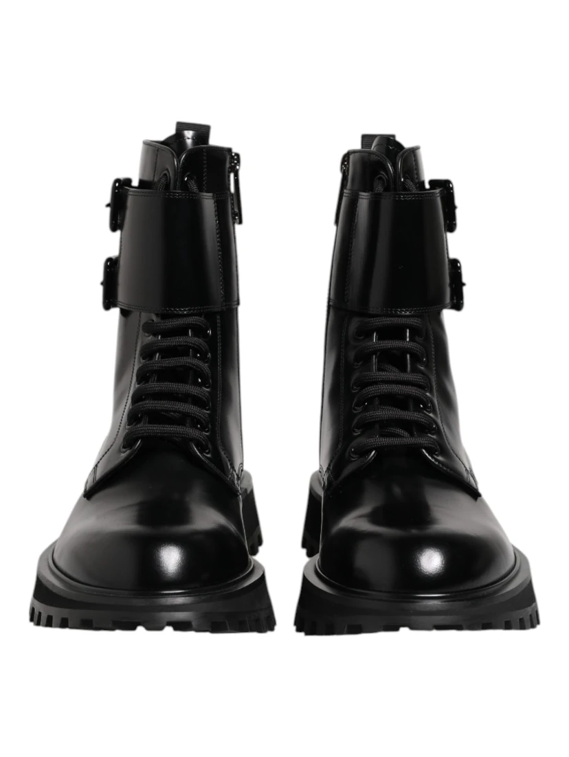 Black Leather Lace Up Mid Calf Boots Shoes