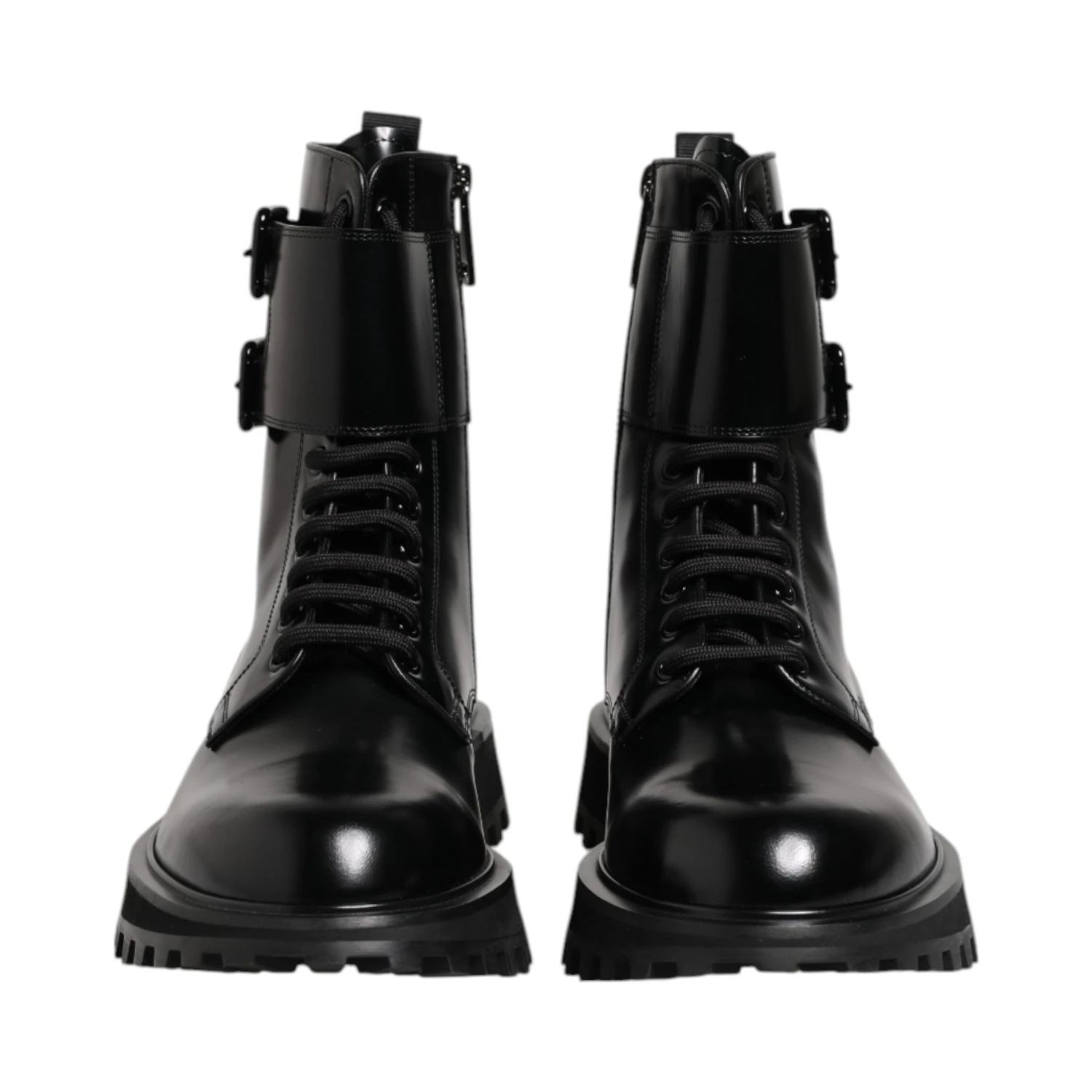 Black Leather Lace Up Mid Calf Boots Shoes