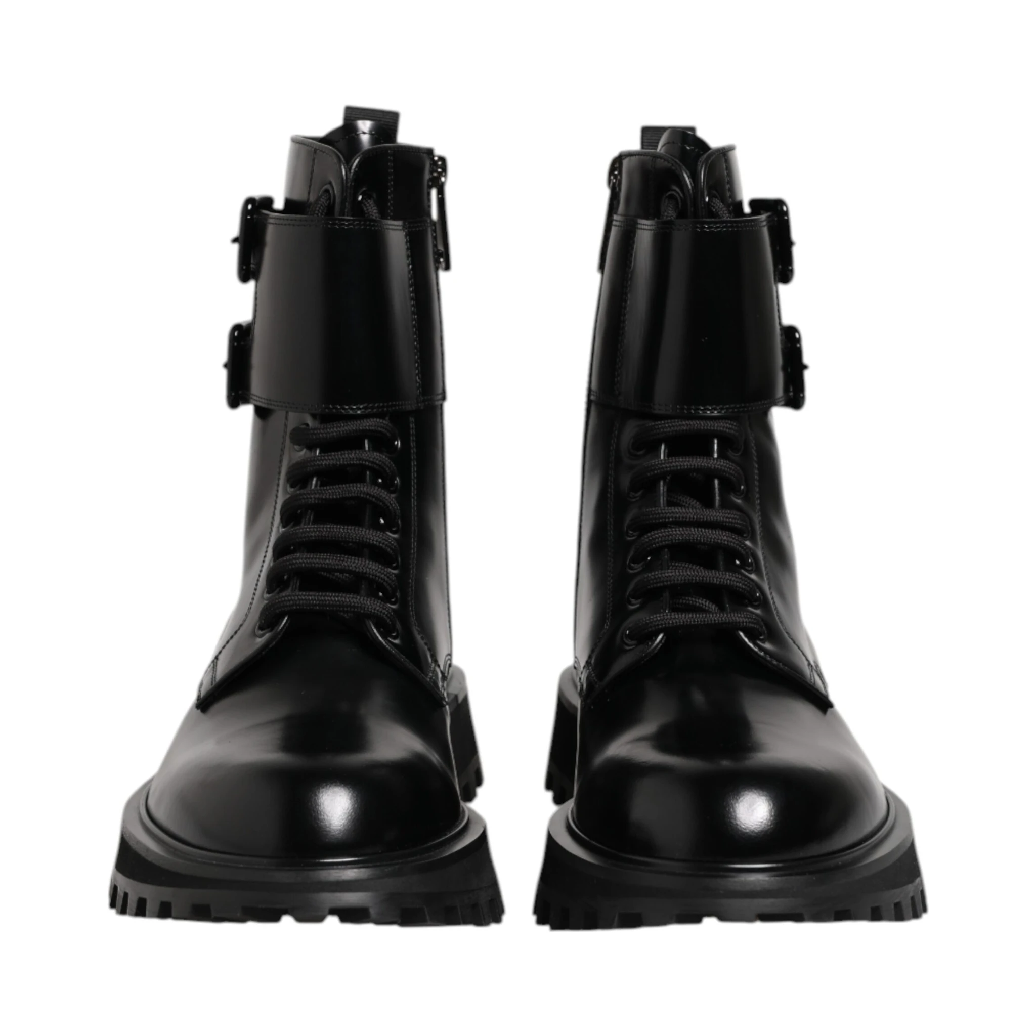Black Leather Lace Up Mid Calf Boots Shoes