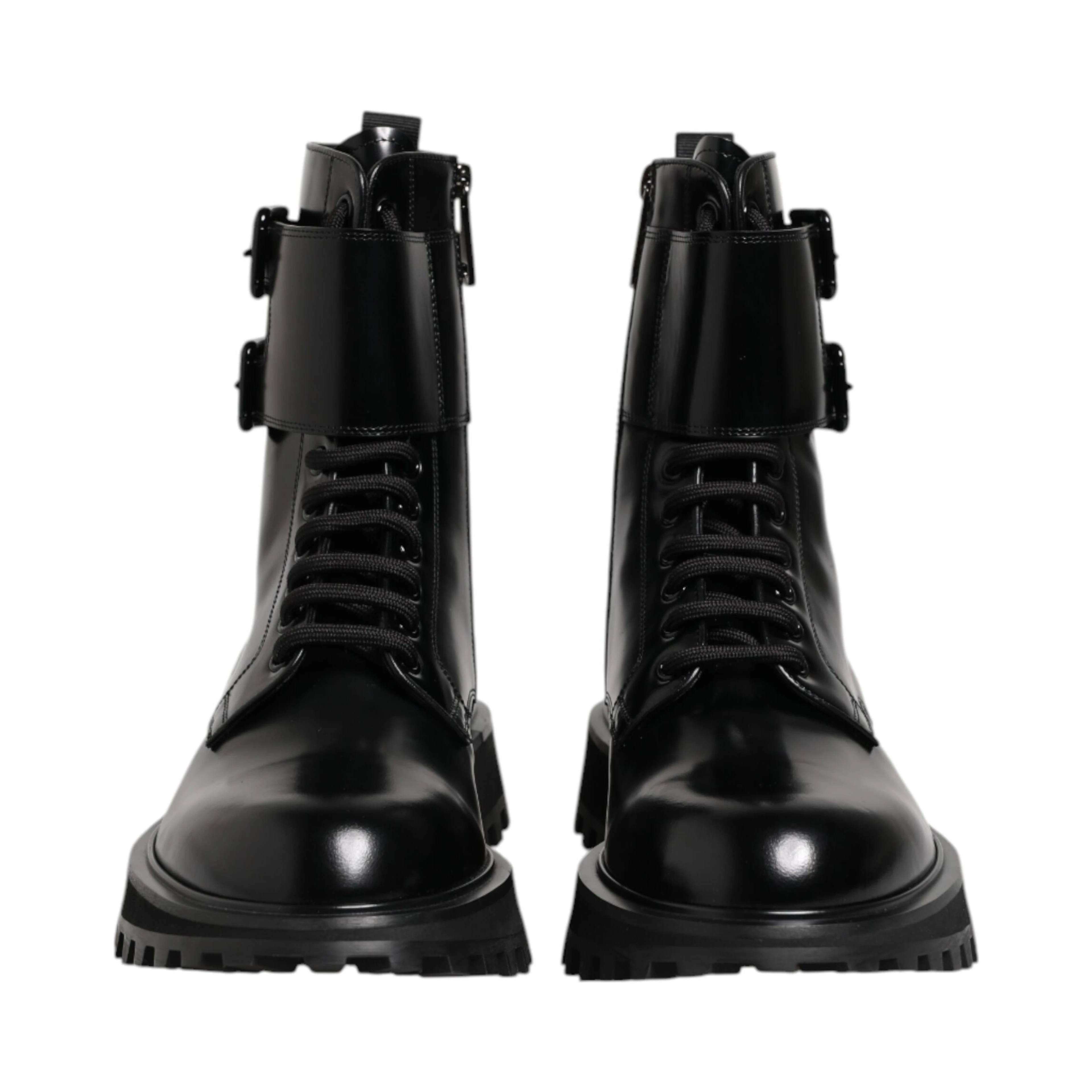 Black Leather Lace Up Mid Calf Boots Shoes