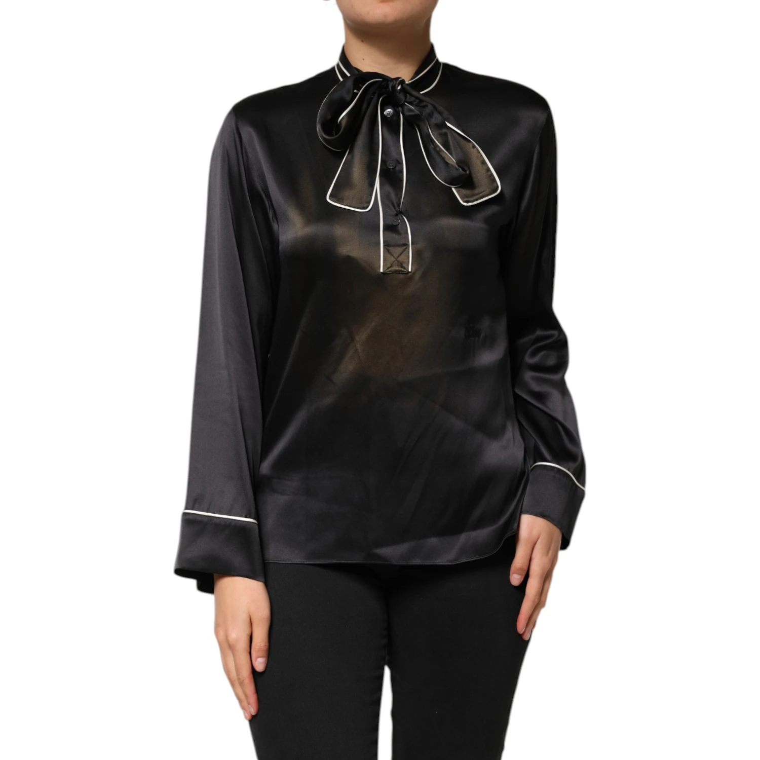 Black Silk Ascot Collared Button Blouse Top