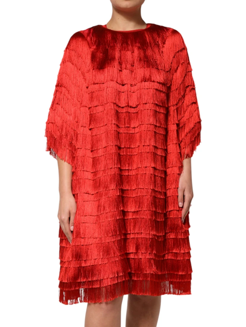 Red Silk Tiers Fringe Shift Knee Length Dress