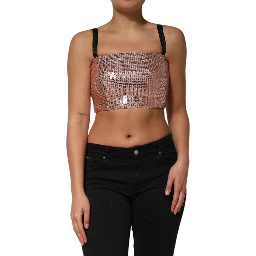 Pink Sequined Nylon Sleeveless Cropped Top