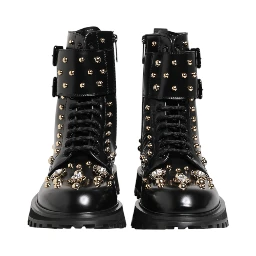 Black Studded Lace Up Mid Calf Boots Shoes