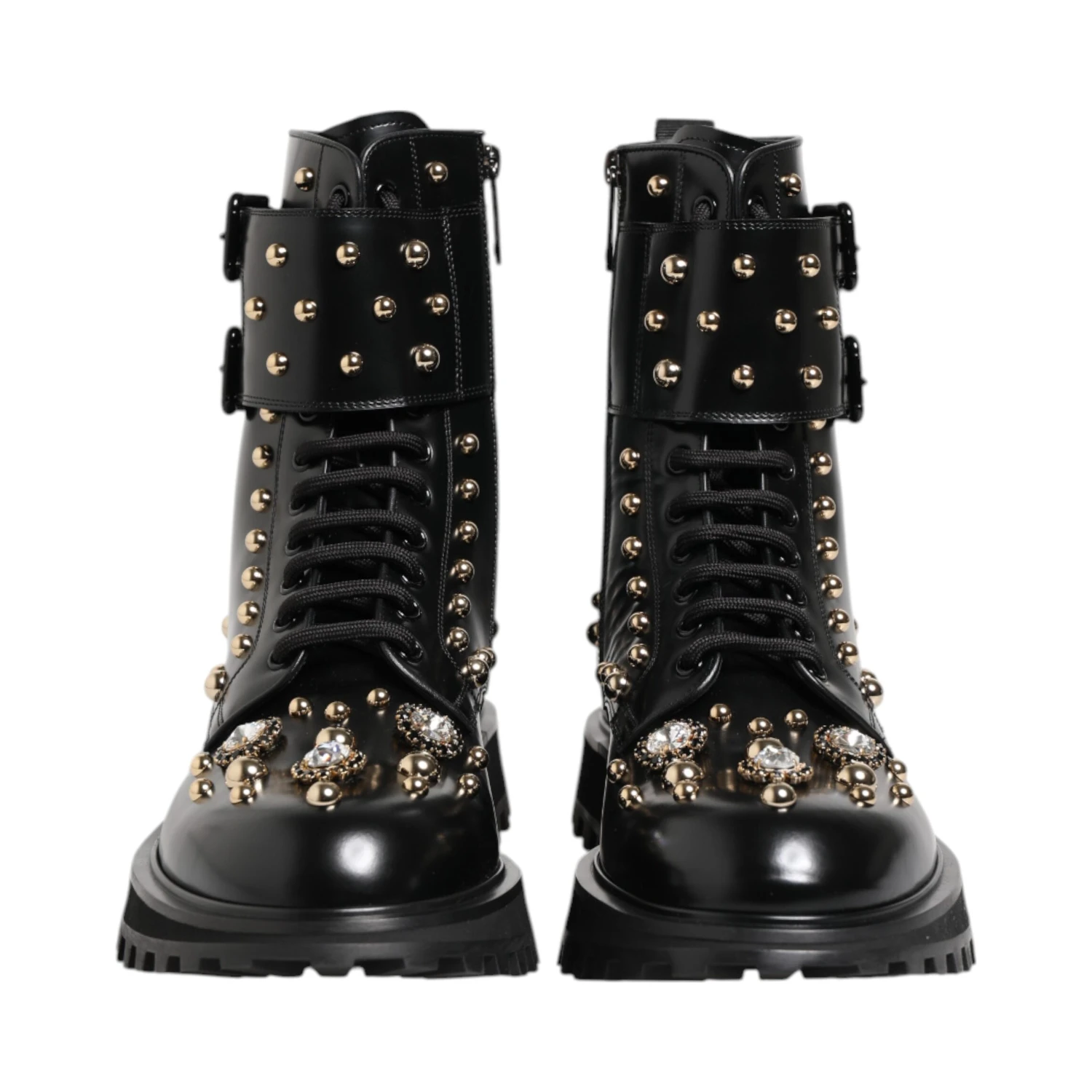 Black Studded Lace Up Mid Calf Boots Shoes