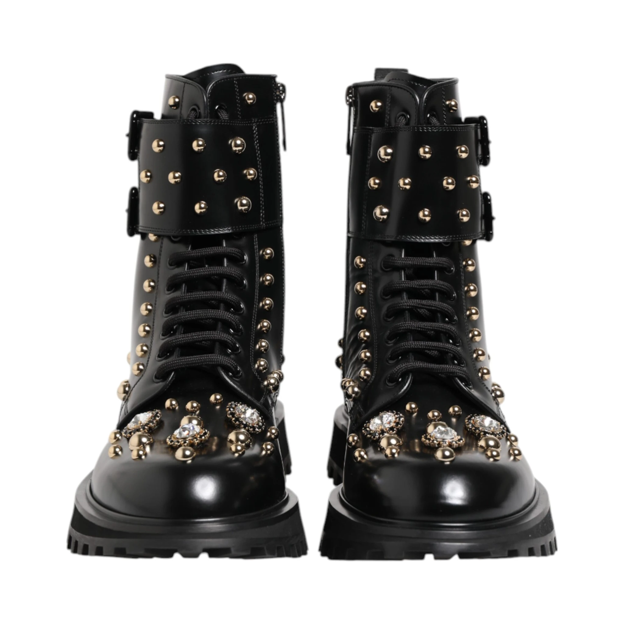 Black Studded Lace Up Mid Calf Boots Shoes