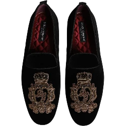 Black Velvet Gold Crown Mens Loafers Shoes