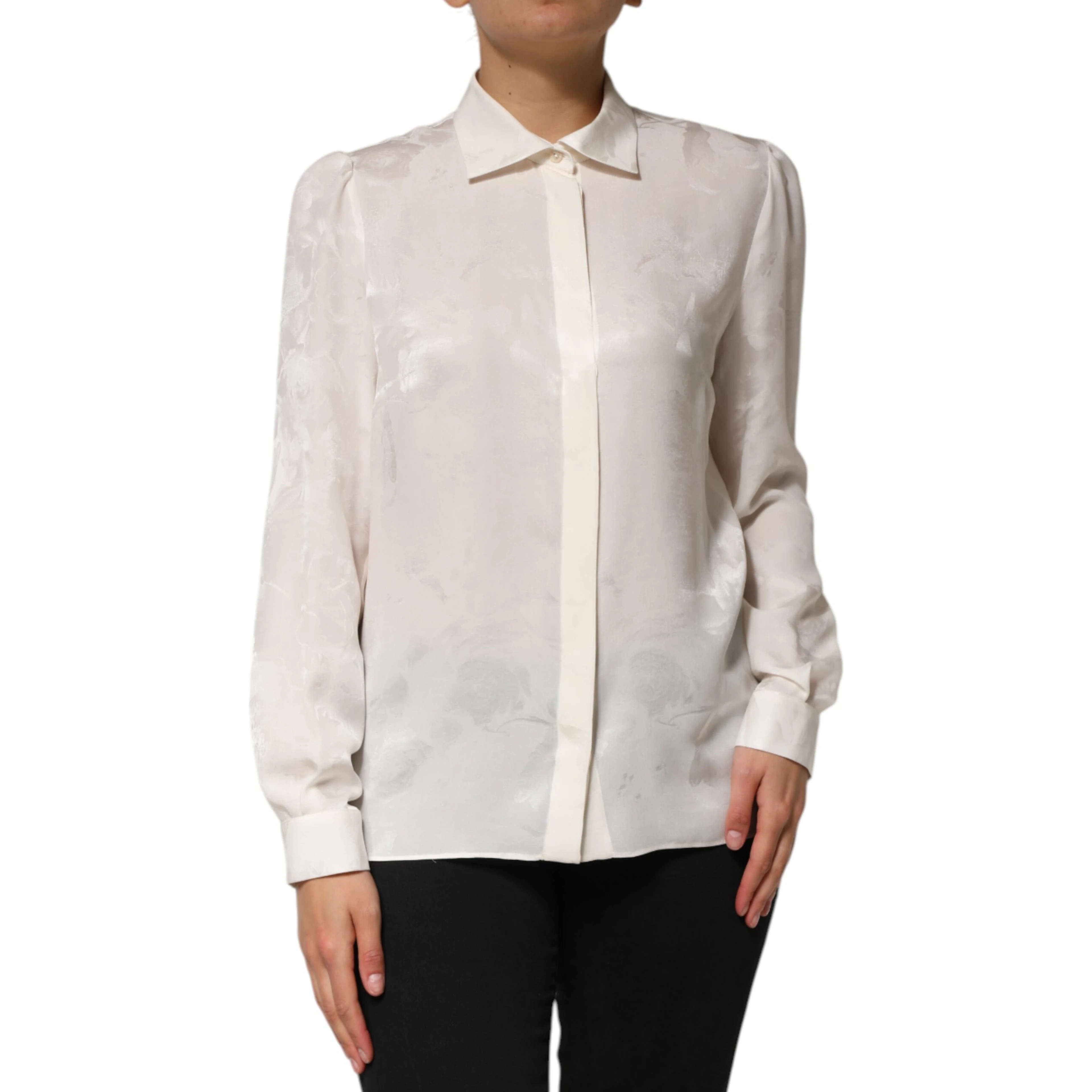 White Silk Long Sleeves Collared Shirt Top