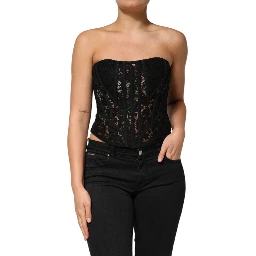 Black Strapless Floral Lace Bustier Cropped Top