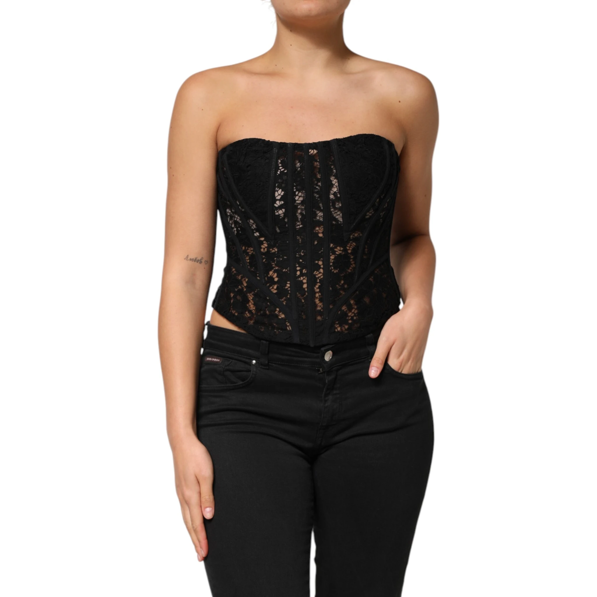 Black Strapless Floral Lace Bustier Cropped Top