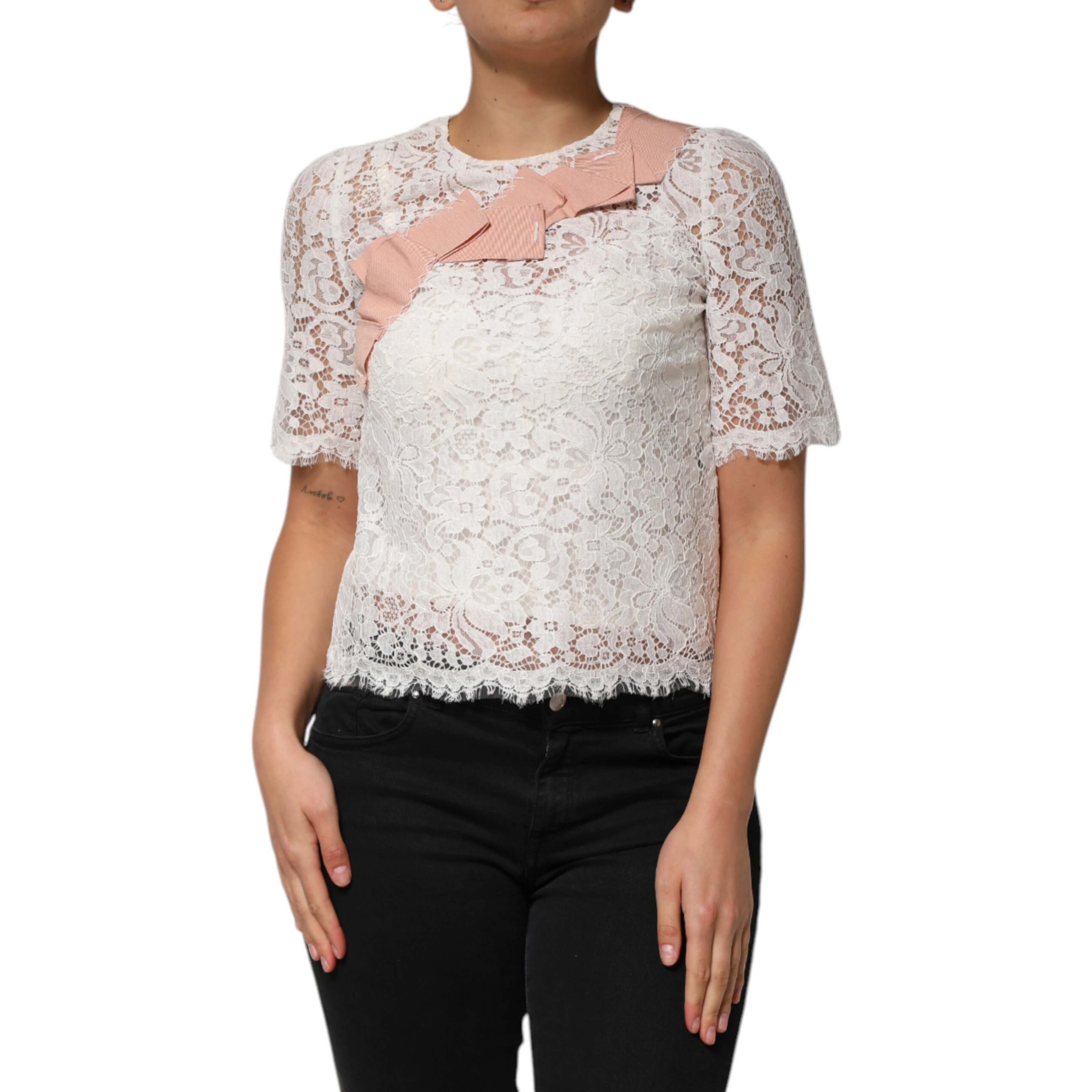 White Floral Lace Short Sleeves Blouse Top