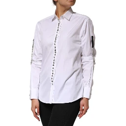 White Crystal Embellished Collared Shirt Top