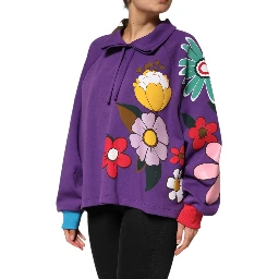Purple Floral Print Cotton Long Sleeves Top