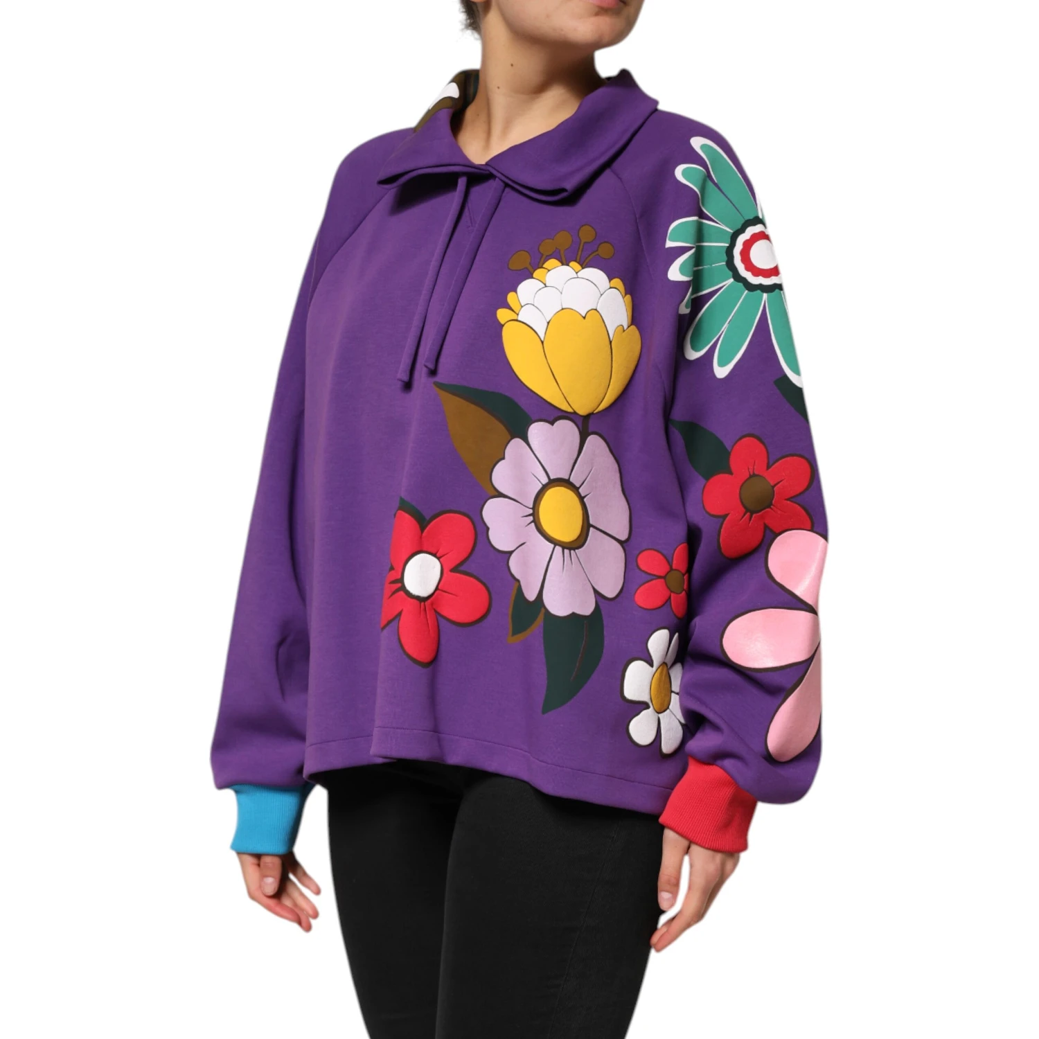 Purple Floral Print Cotton Long Sleeves Top