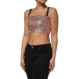 Pink Sequined Nylon Sleeveless Cropped Top