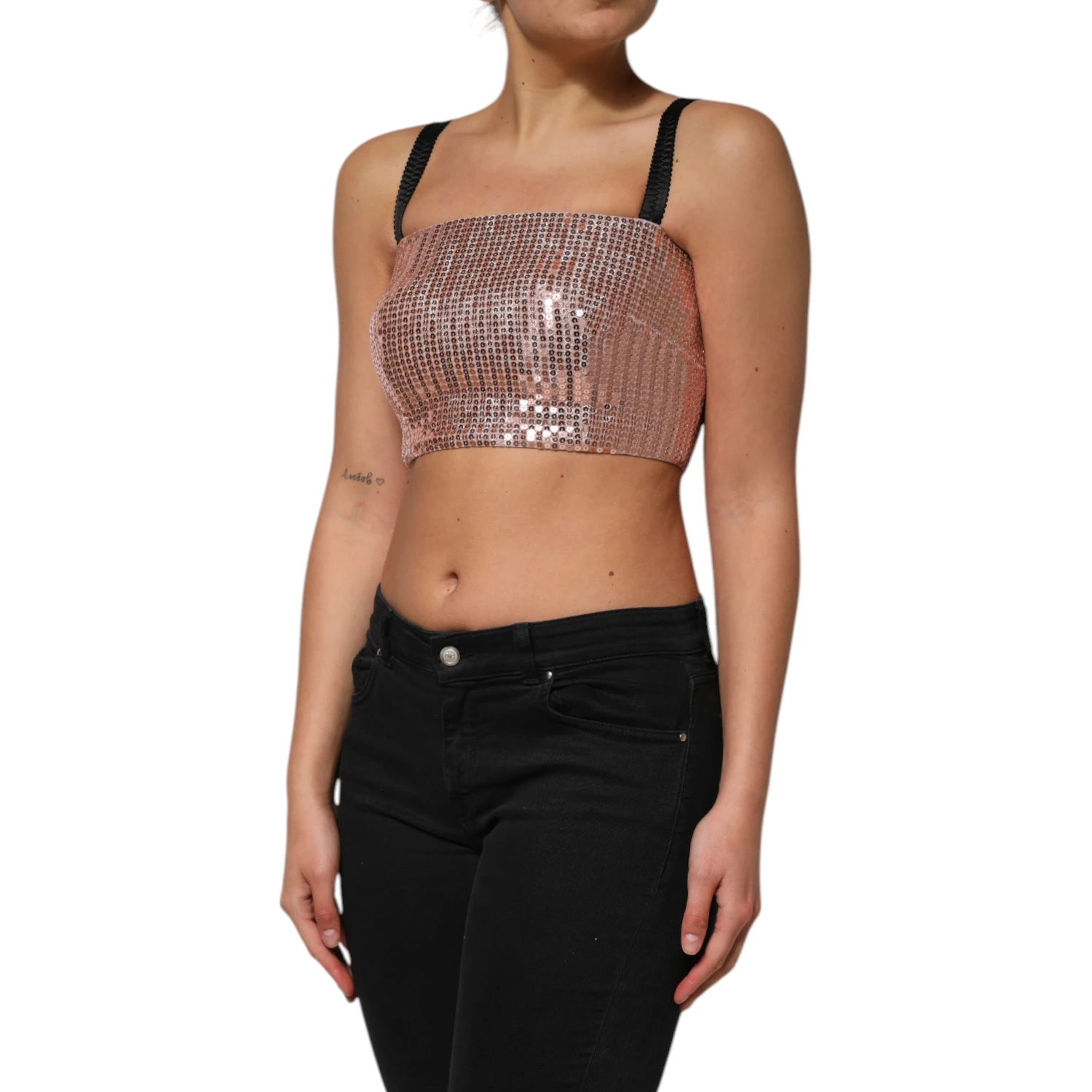 Pink Sequined Nylon Sleeveless Cropped Top
