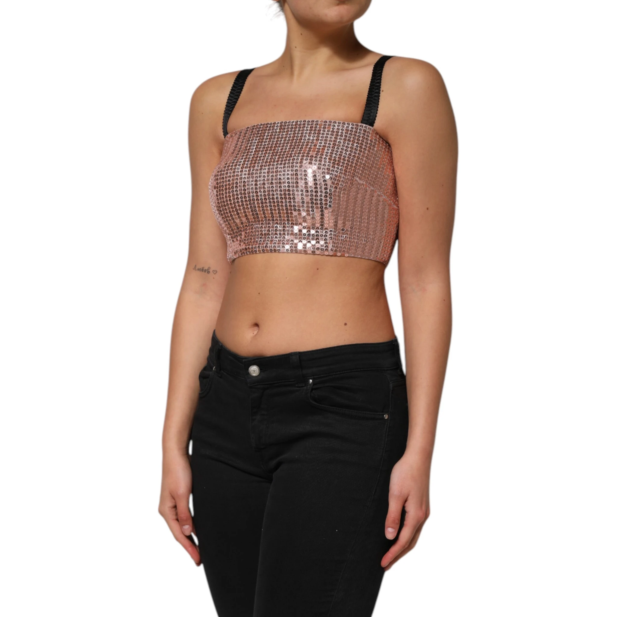 Pink Sequined Nylon Sleeveless Cropped Top