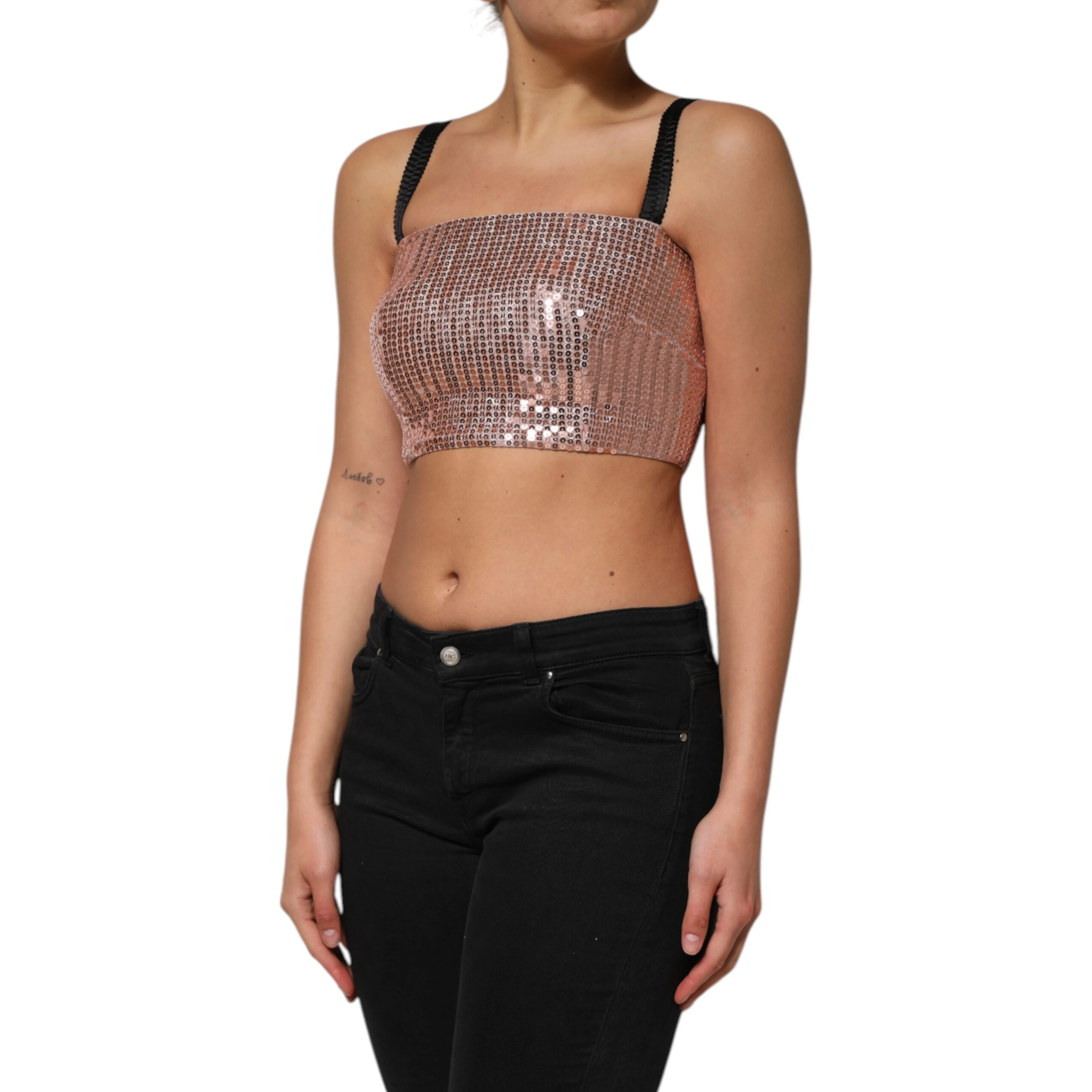 Pink Sequined Nylon Sleeveless Cropped Top