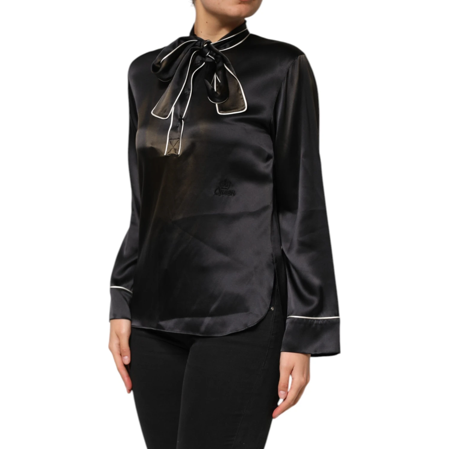 Black Silk Ascot Collared Button Blouse Top
