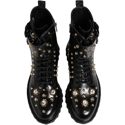 Black Studded Lace Up Mid Calf Boots Shoes