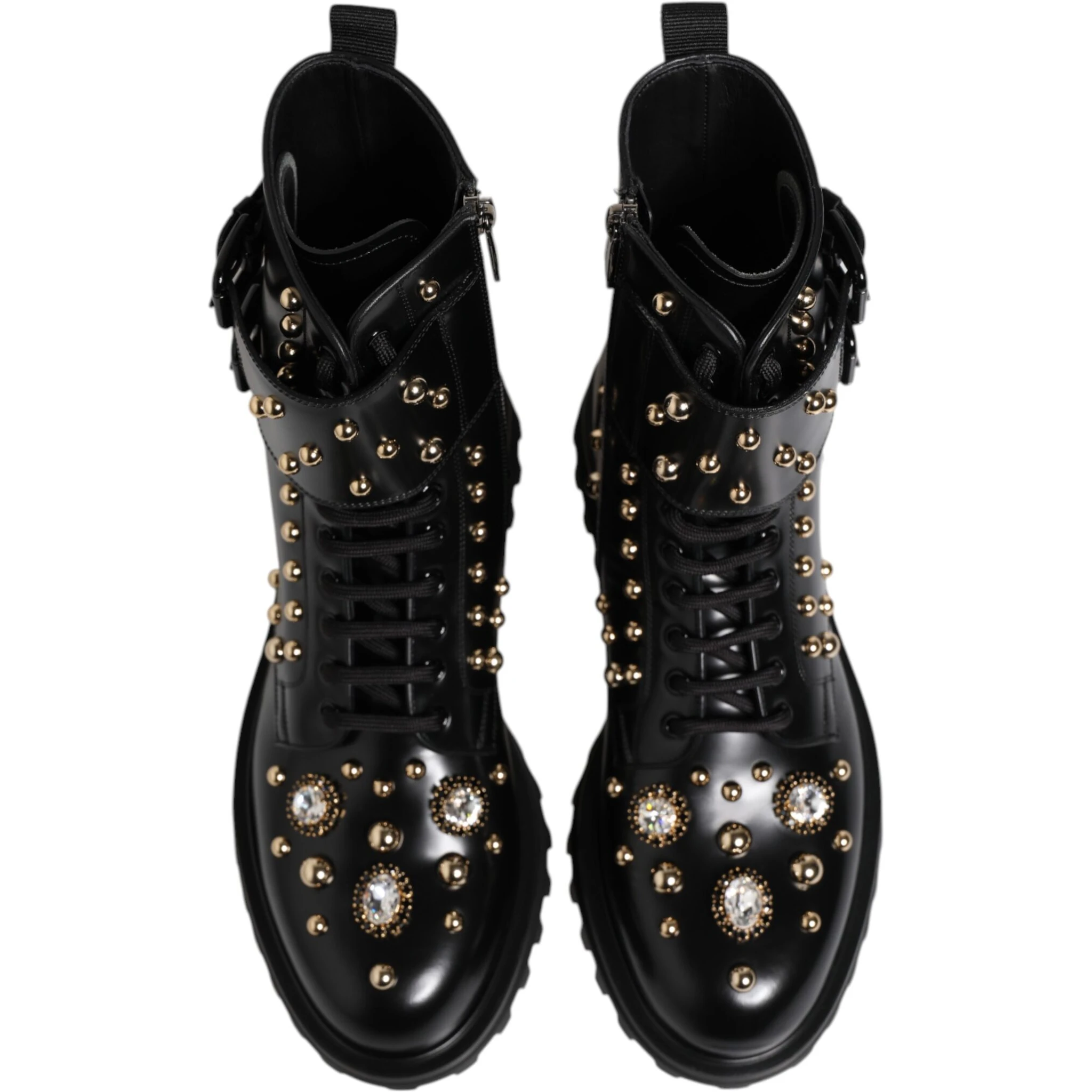 Black Studded Lace Up Mid Calf Boots Shoes