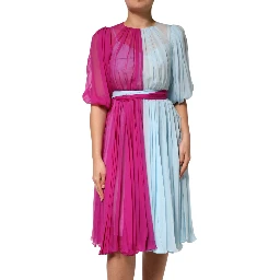 Fuchsia Light Blue Silk Two Tone Midi Dress