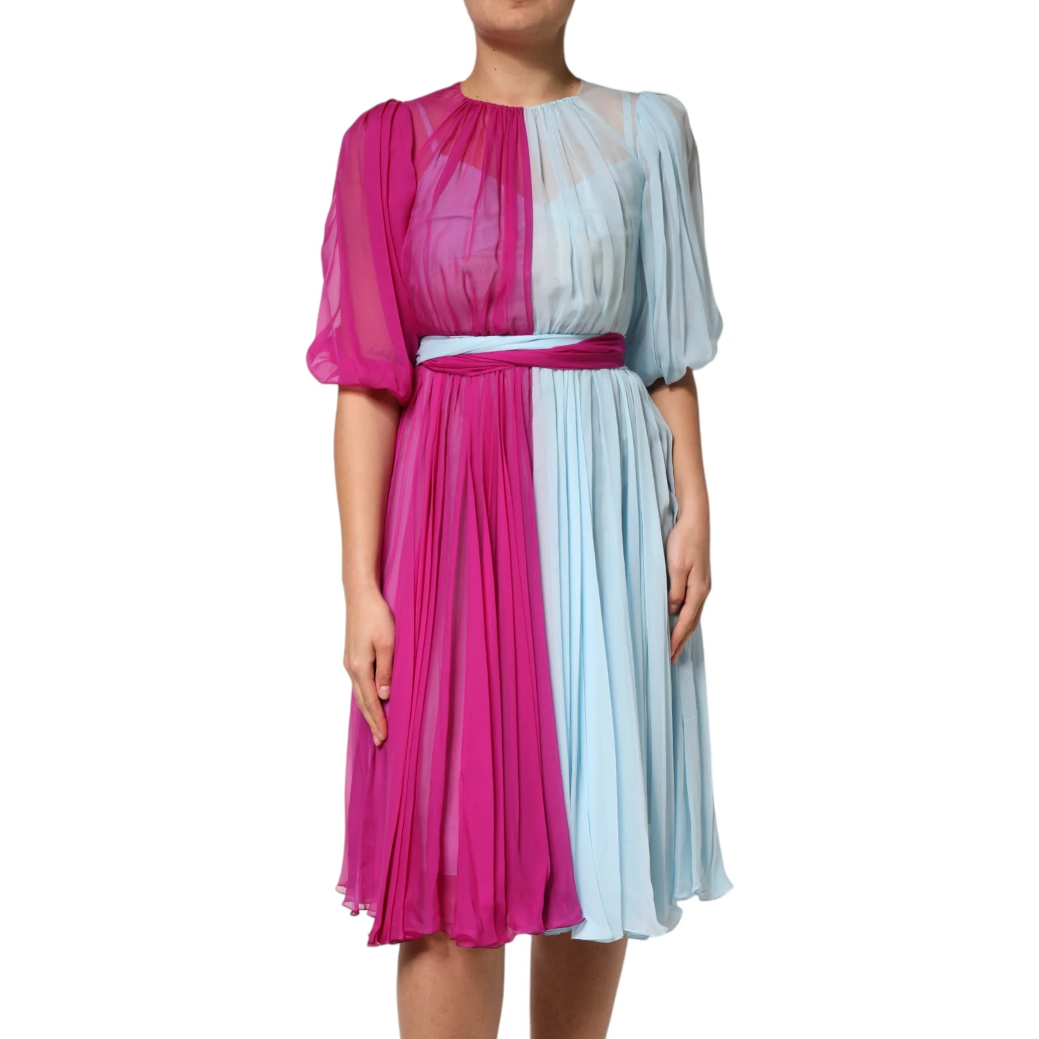 Fuchsia Light Blue Silk Two Tone Midi Dress