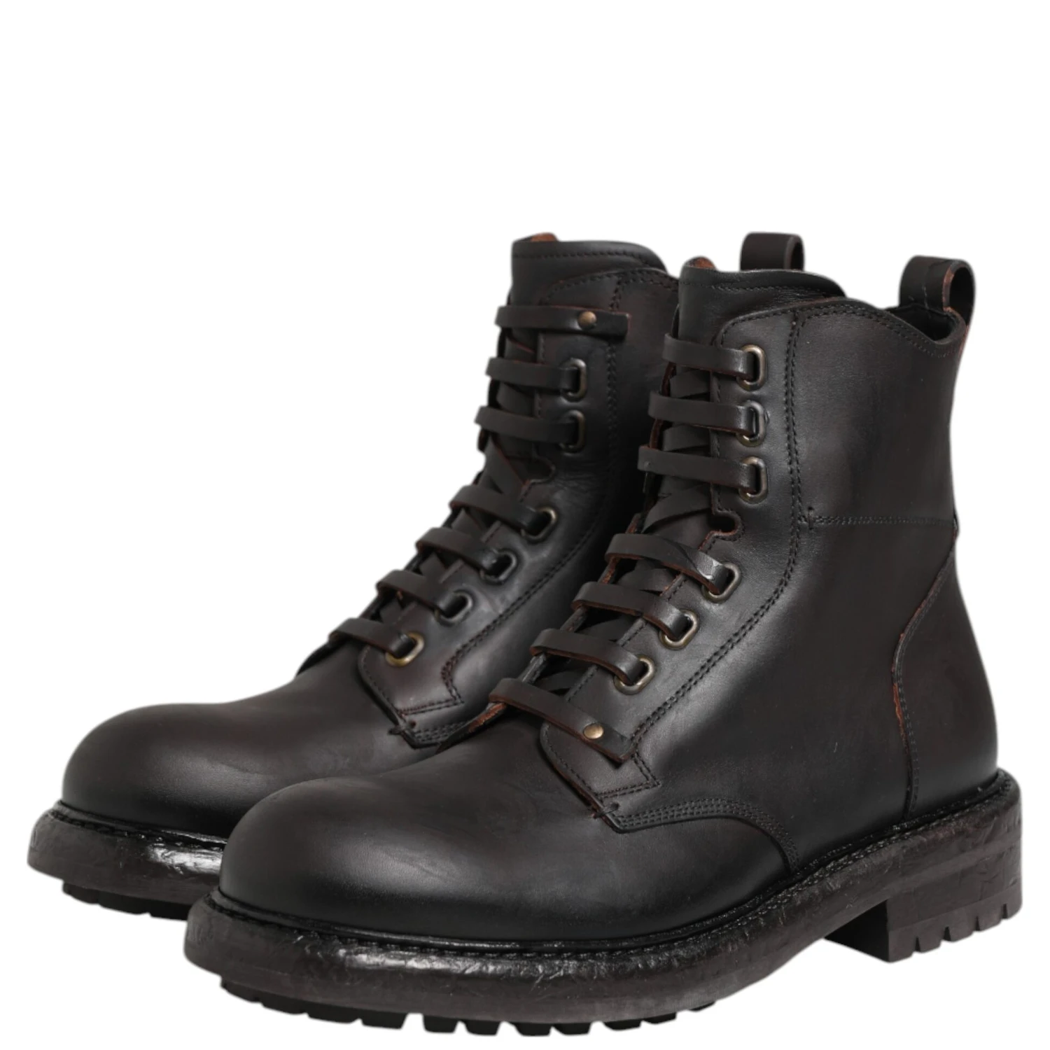 Dark Brown Leather Lace Up Mid Calf Boots Shoes