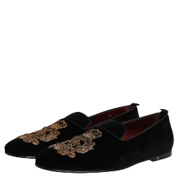 Black Velvet Gold Crown Mens Loafers Shoes
