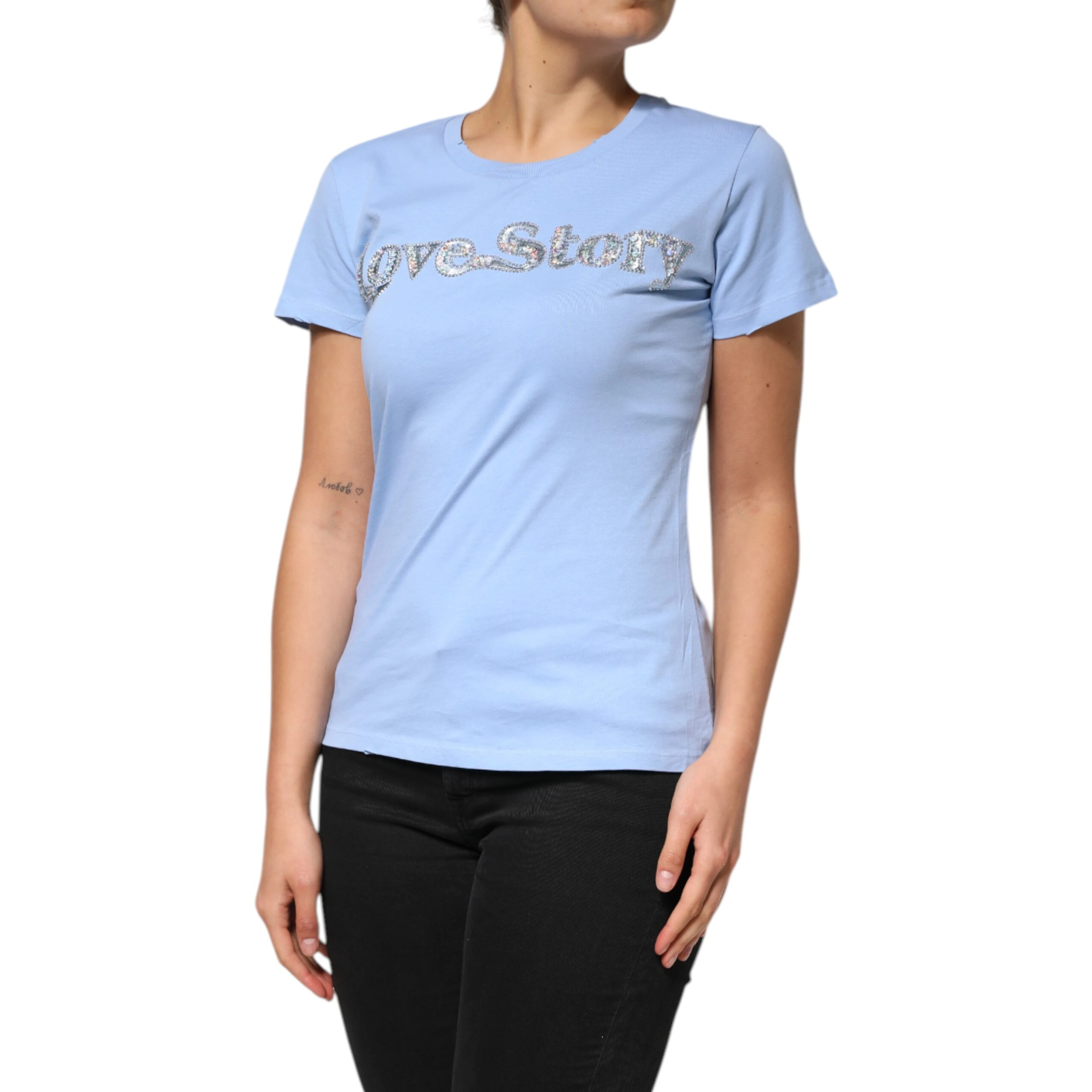 Blue Love Story Sequined Embellished Short Sleeves T-shirt