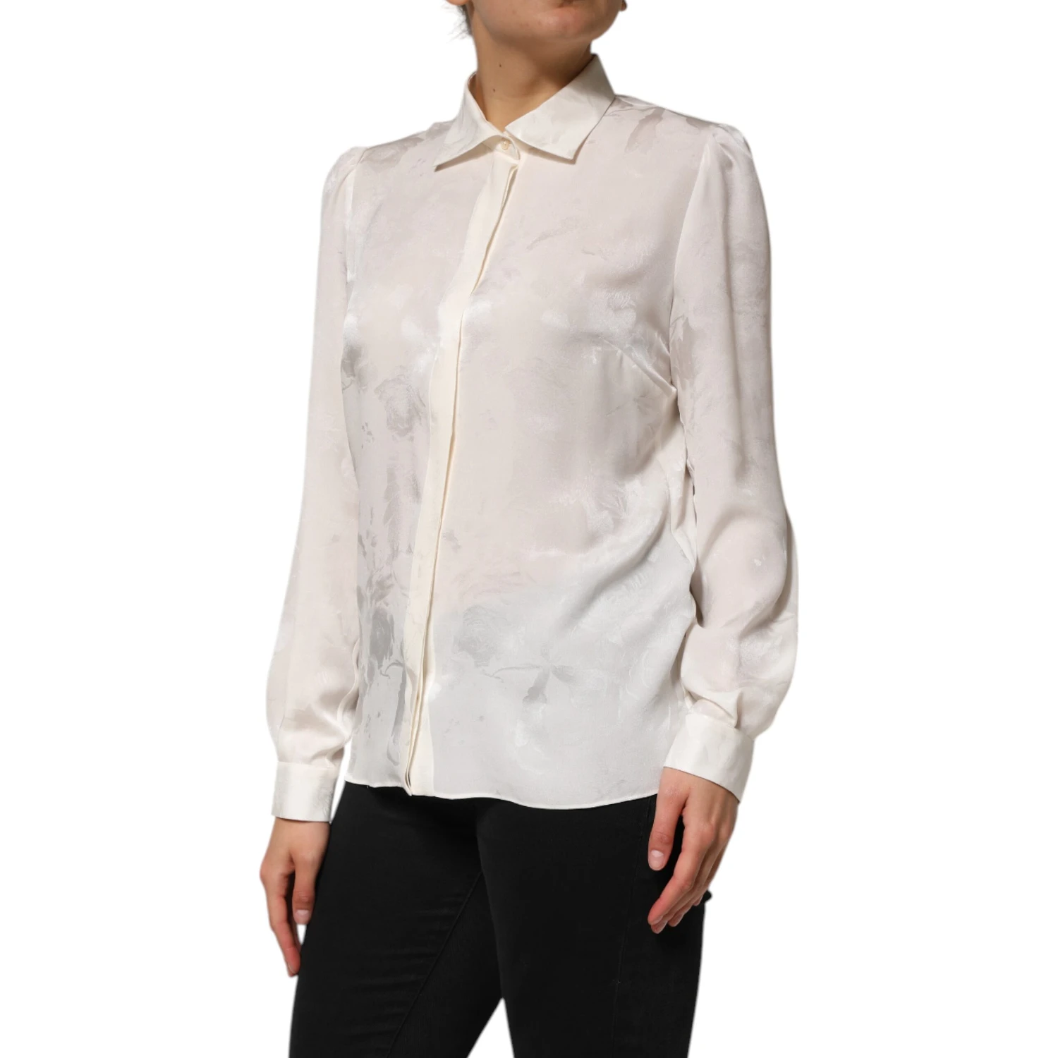 White Silk Long Sleeves Collared Shirt Top