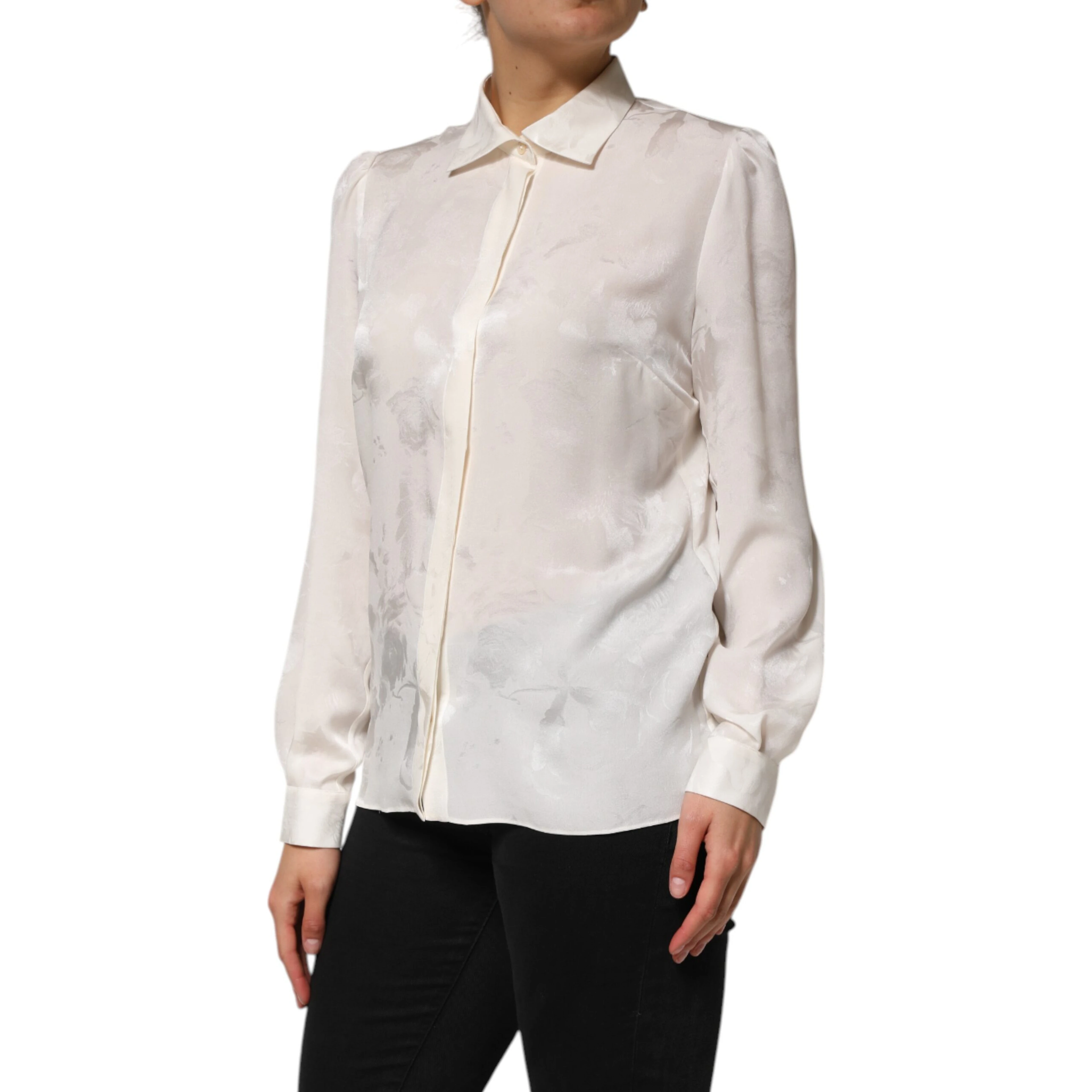 White Silk Long Sleeves Collared Shirt Top