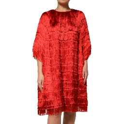 Red Silk Tiers Fringe Shift Knee Length Dress
