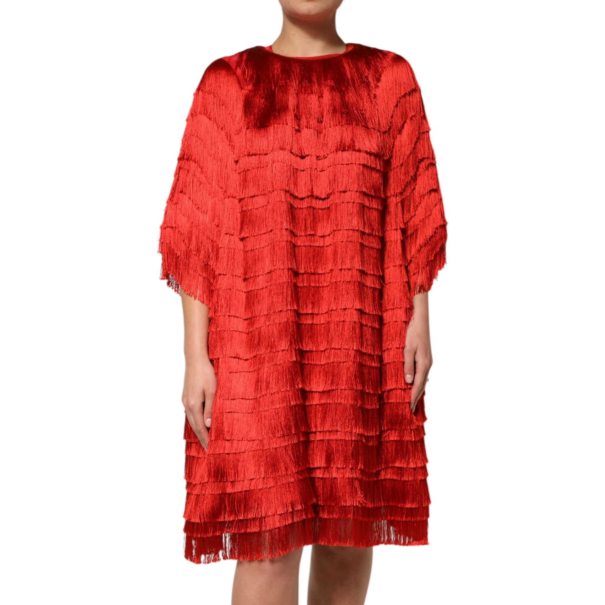 Red Silk Tiers Fringe Shift Knee Length Dress