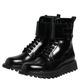 Black Leather Lace Up Mid Calf Boots Shoes