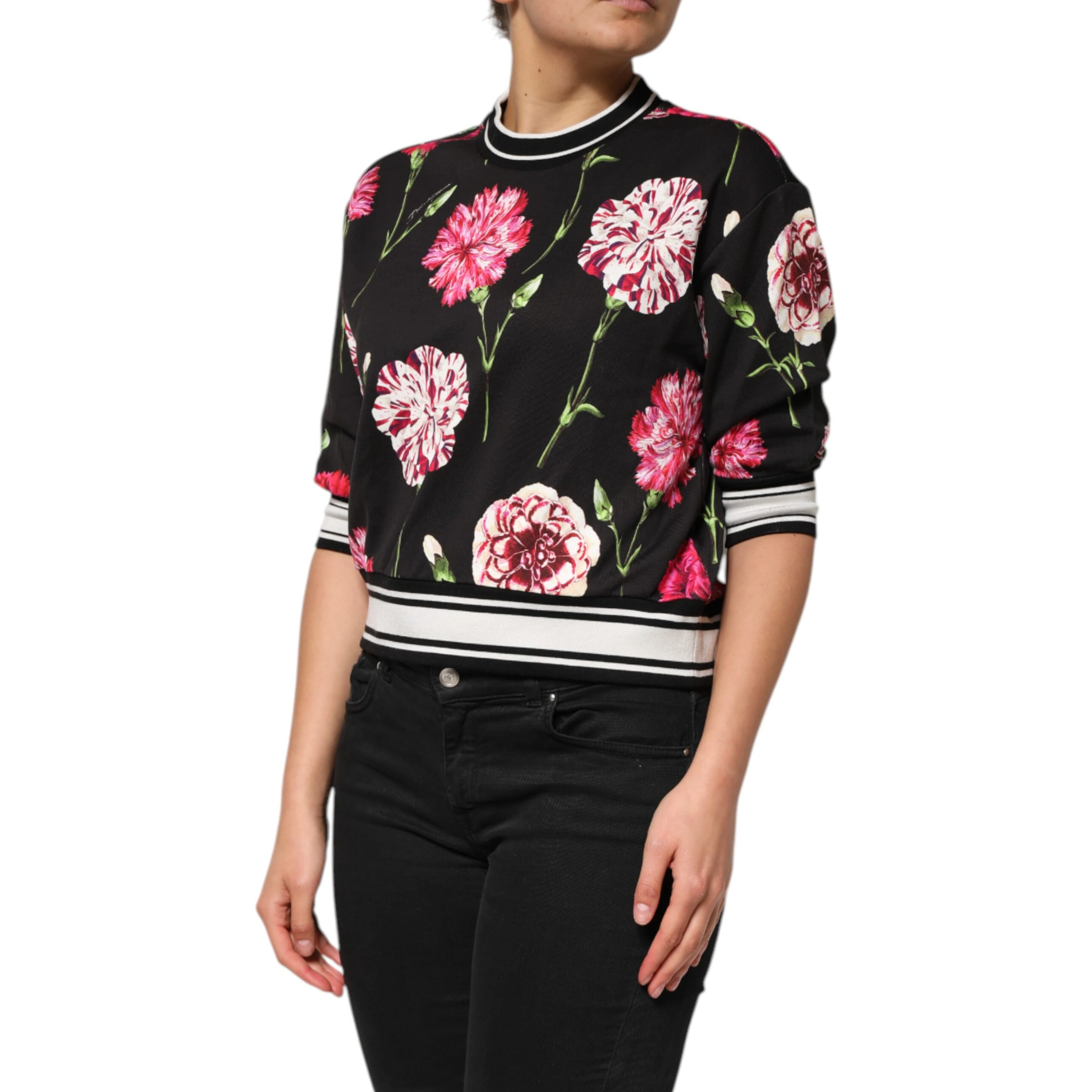 Black Floral Print Cotton Short Sleeves Top