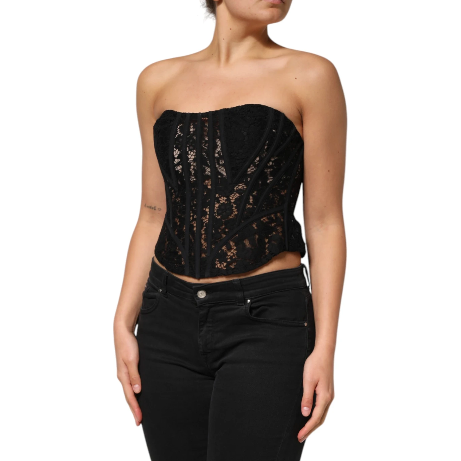 Black Strapless Floral Lace Bustier Cropped Top