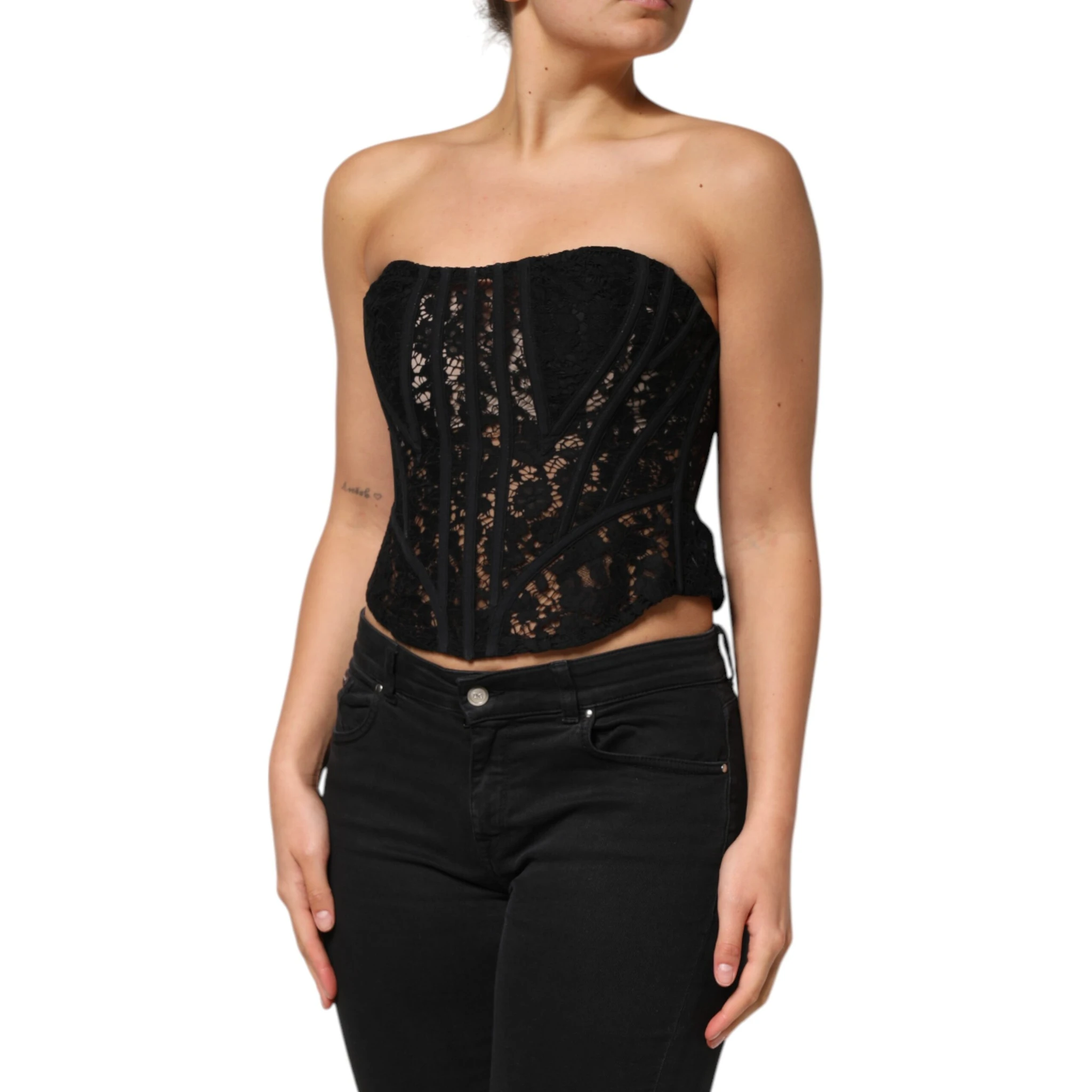 Black Strapless Floral Lace Bustier Cropped Top